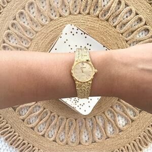 Helbros Vintage Gold Nugget Texture Diamond Chip Women Quiet Luxury Round Watch
